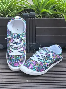 New Multicolor Floral Canvas Shoes for Women, Vintage Farmhouse Style, Trendy Low Top Lace-Up, Breathable Casual Fashion Sneakers, Sports Shoes, Walking Shoes