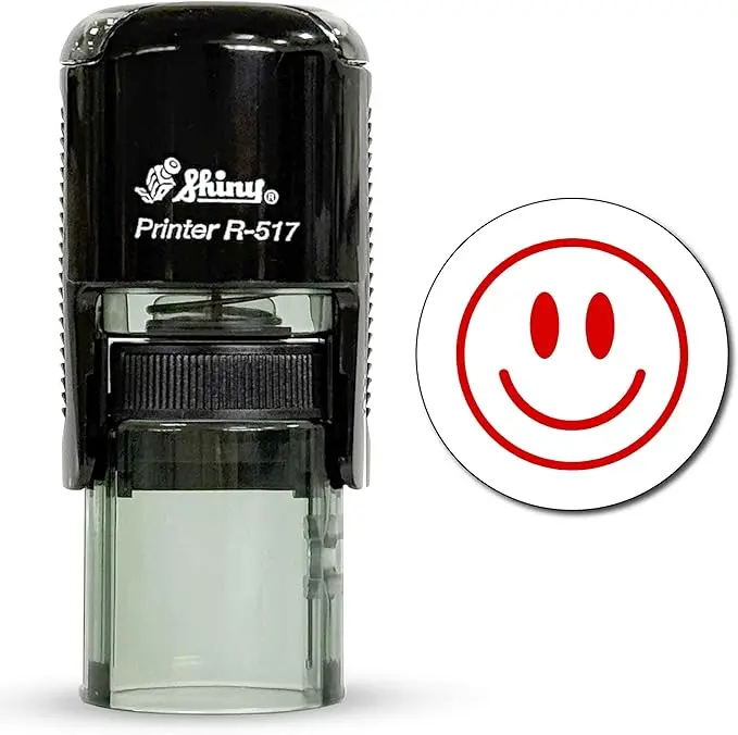 Office Smiley Face Round Rubber Teacher Stamp, 11/16 inches, Built-in Stamp Pad, Easy Pad Release