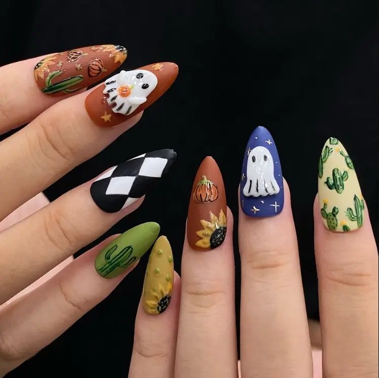 Sidosona all Halloween Colorful Press On Nails, Cute Ghost Pumpkin 3D Sunflower Cactus Nail Art, Autumn Boho Almond Fake Nails, Thanksgiving Reusable Nail Set for Women