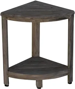 HomeRoots  12 x 12 x 18 in. Compact Teak Corner Shower Outdoor Bench, Gray - Coquina, Teak Wood, 12X12x18"