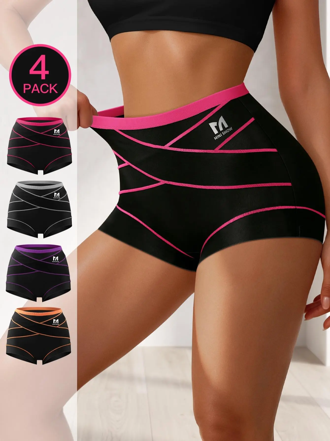 Women's Original Polyester Knit Tummy Control Briefs - 4-Pack High Waist X-Cross Pattern Shapewear, Breathable Black Fabric Panties with Colorblock Contrast Lines, Minimalist Aesthetic