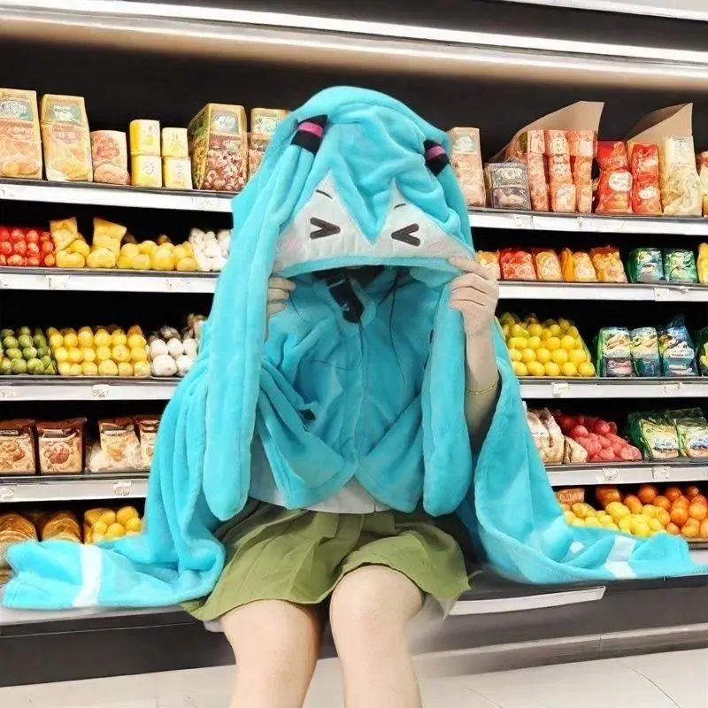 160x100cm Kawaii Hatsune Miku Multifunction Hooded Air Conditioning Blanket Soft And Warm Siesta Shawl Miku Flannel Cloak Gifts