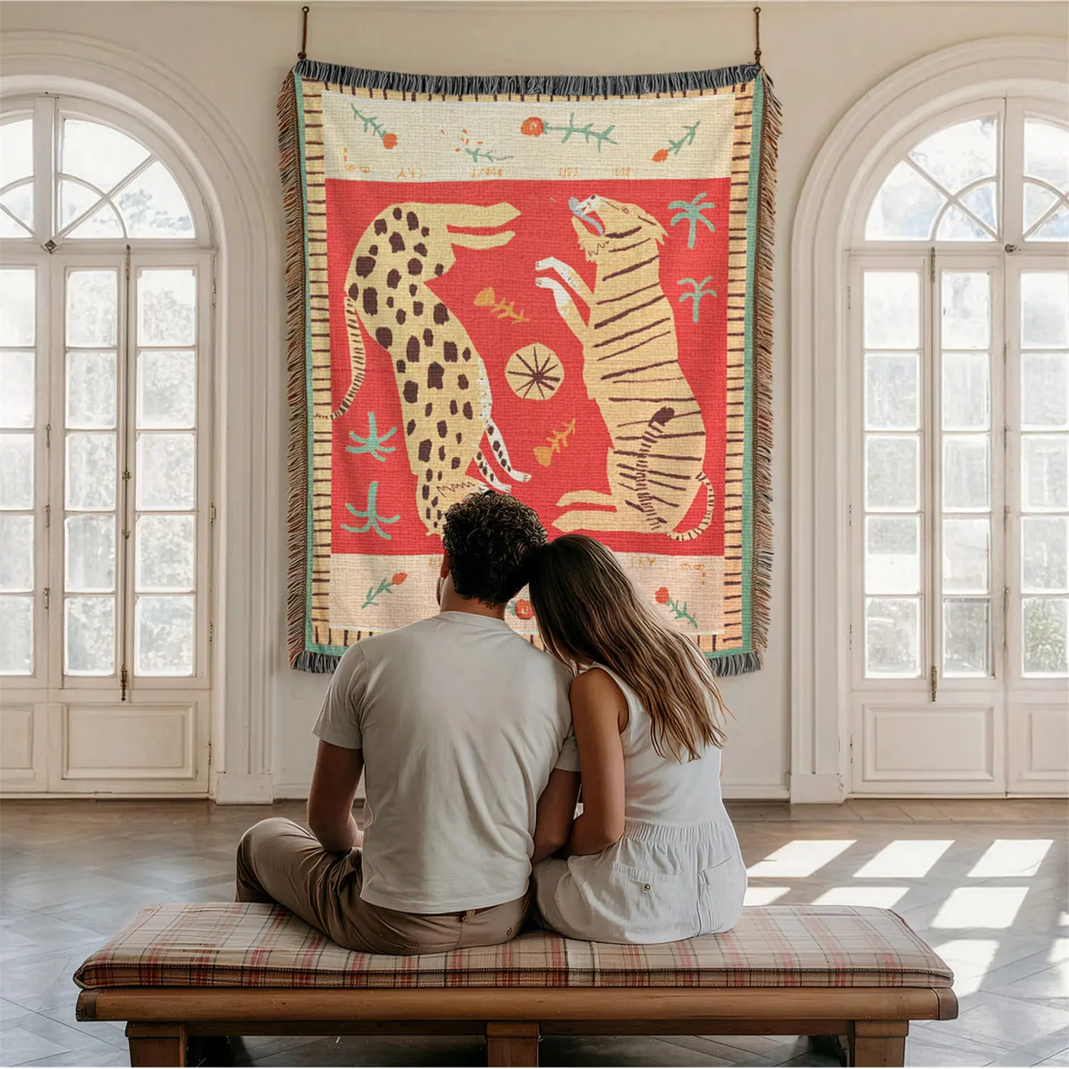 Pink Panther Pattern Home Decor Yarn Woven Wall Art Tapestry, Tapestry Wall Hanging for Bedroom Dorm Living Room- with Fringe Tassels Not Printed - Multipurpose Design Soft Boho Chair Couch Bed Cover Throw Towel Slipcover Travel Garden Outdoor