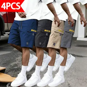 Pack of 4 Streetwear Casual Knee-Length Pants  Loose Straight-Leg Design with Multiple Pockets, Suitable for Outdoor Fitness, Sports, Summer Daily Wear, and Outings, Mid Waist, Drawstring, Relaxed Fit,summervibes