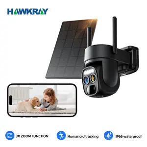 Hawkray Solar Wireless Outdoor Camera Dual-Lens,10X Zoom,2K Resolution 360° Pan Tilt Control,Two-Way Audio with Spotlight Siren PIR Motion Detection Card Remote  Safety Connection Black