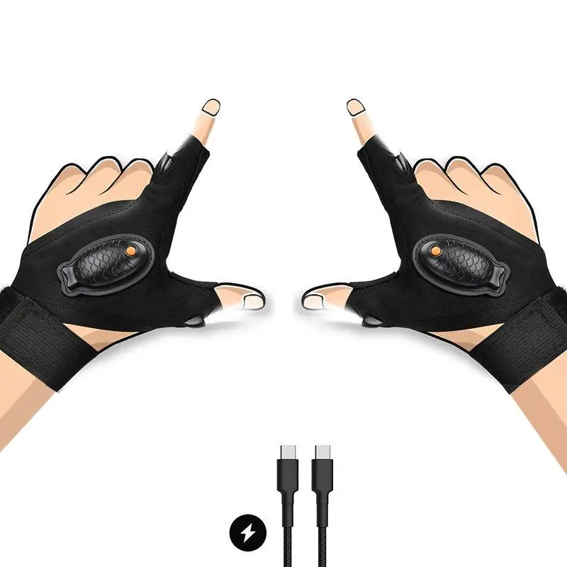 LED Lighting Fishing Gloves Set, 2-Pack Lightweight Breathable Dry Design, Moisture Drainage Ergonomic Fit for Night Fishing & Running with Included Data Cable