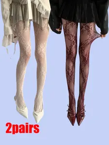 2 Pair Set of Lightweight Sheer Hollow Out Women's Pantyhose, High Elasticity Fishnet Stockings in and Burgundy, Perfect for Parties and Casual Events