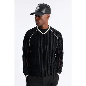 Luxe Grid Paneled V Neck Shirt - Black