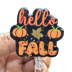 Hello Fall Badge Reel – Pumpkin Nurse ID Holder | Cute Glitter Resin Work Badge Clip for Autumn | Retractable Reel With Alligator Clip