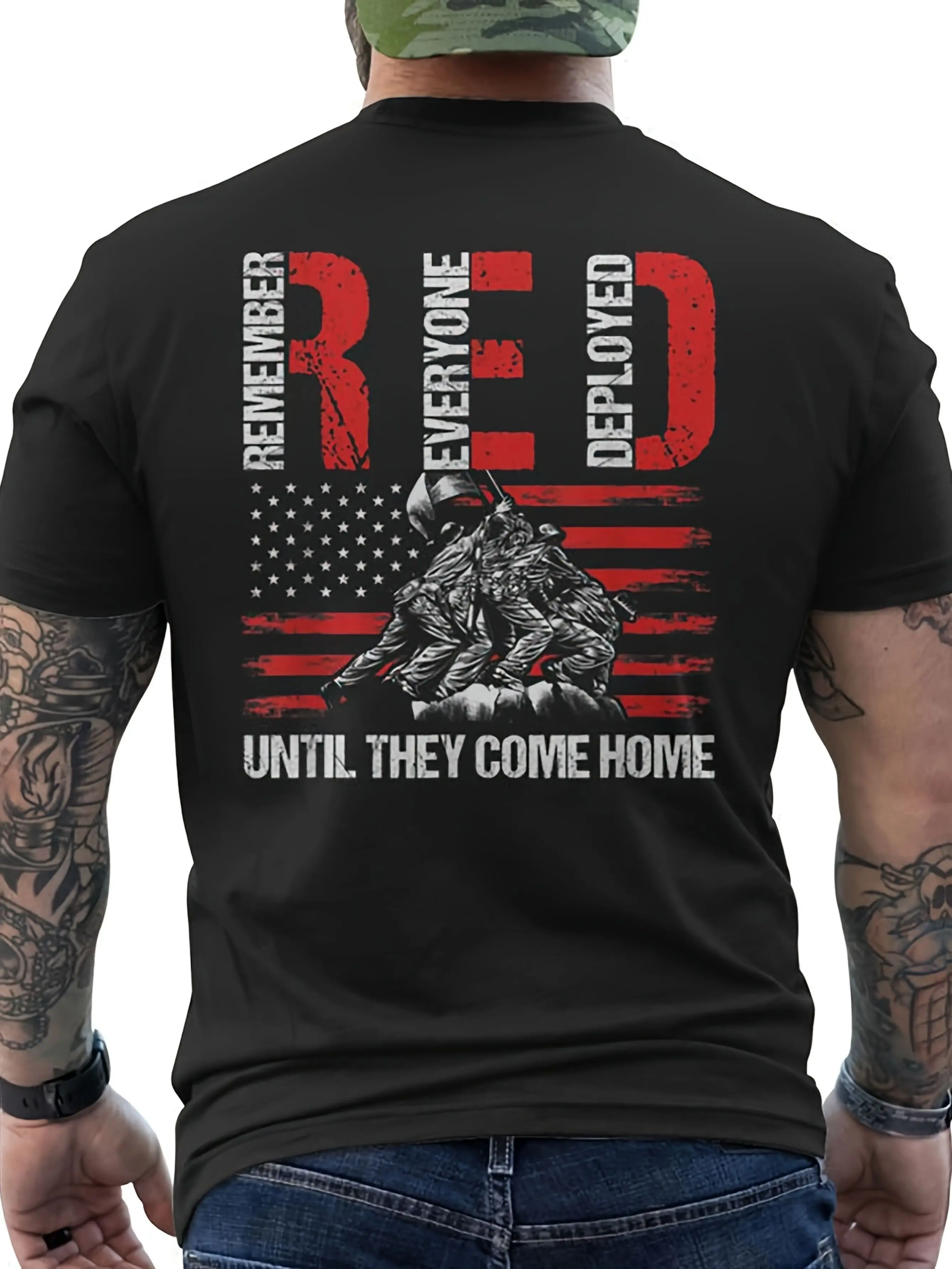 Men's Plus Size Oversized  Cotton T-Shirt - Red Friday American Flag & Soldier Graphic Military Apparel Big & Tall Casual Fit Veterans Day Outfit Machine Washable Military Appreciation Gift