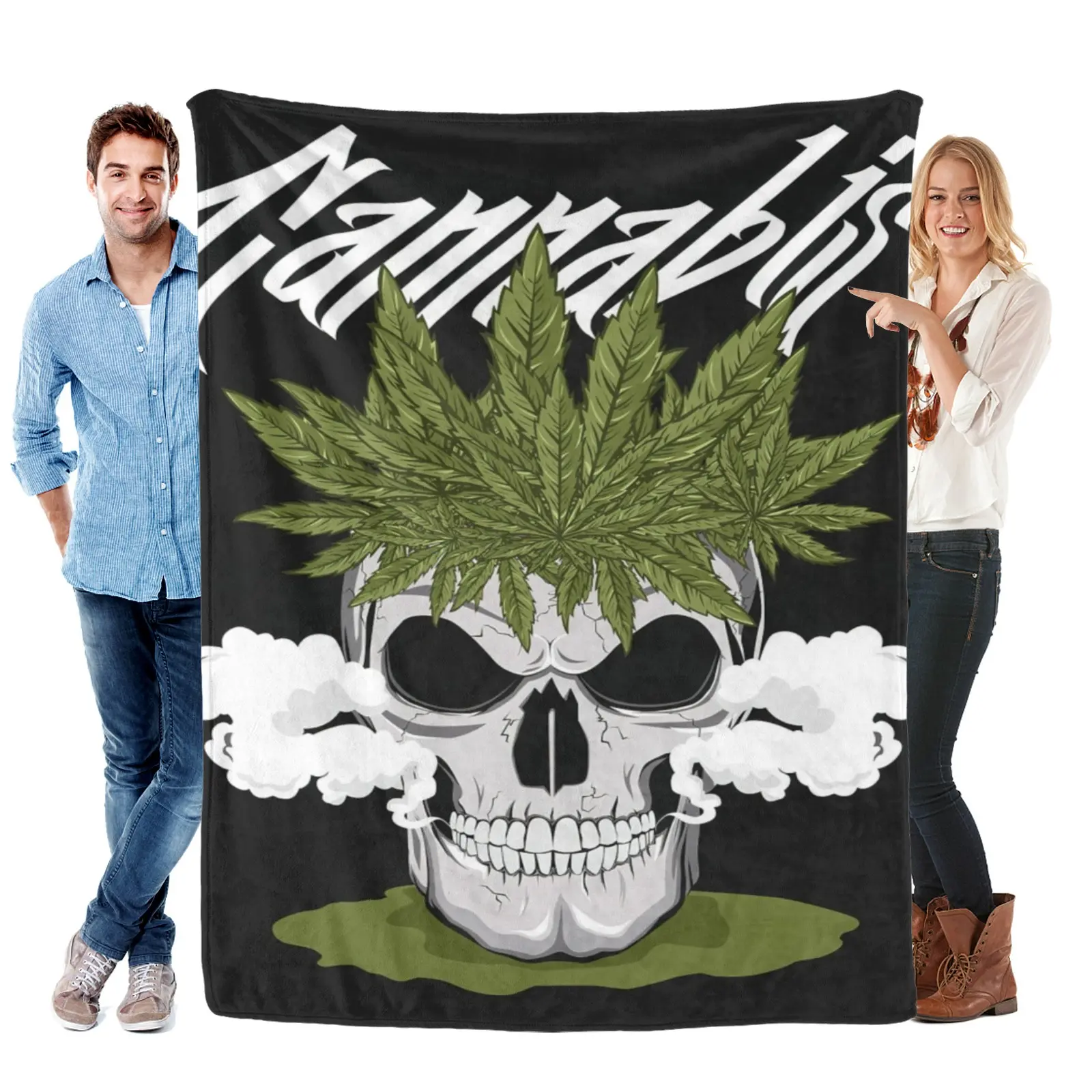 Marijuana Skull Flannel Blanket, Weed Leaf Hair & Smoke Art, Gothic Black & White Design, Ultra-Soft Cozy Throw for Rock/Goth Fans.