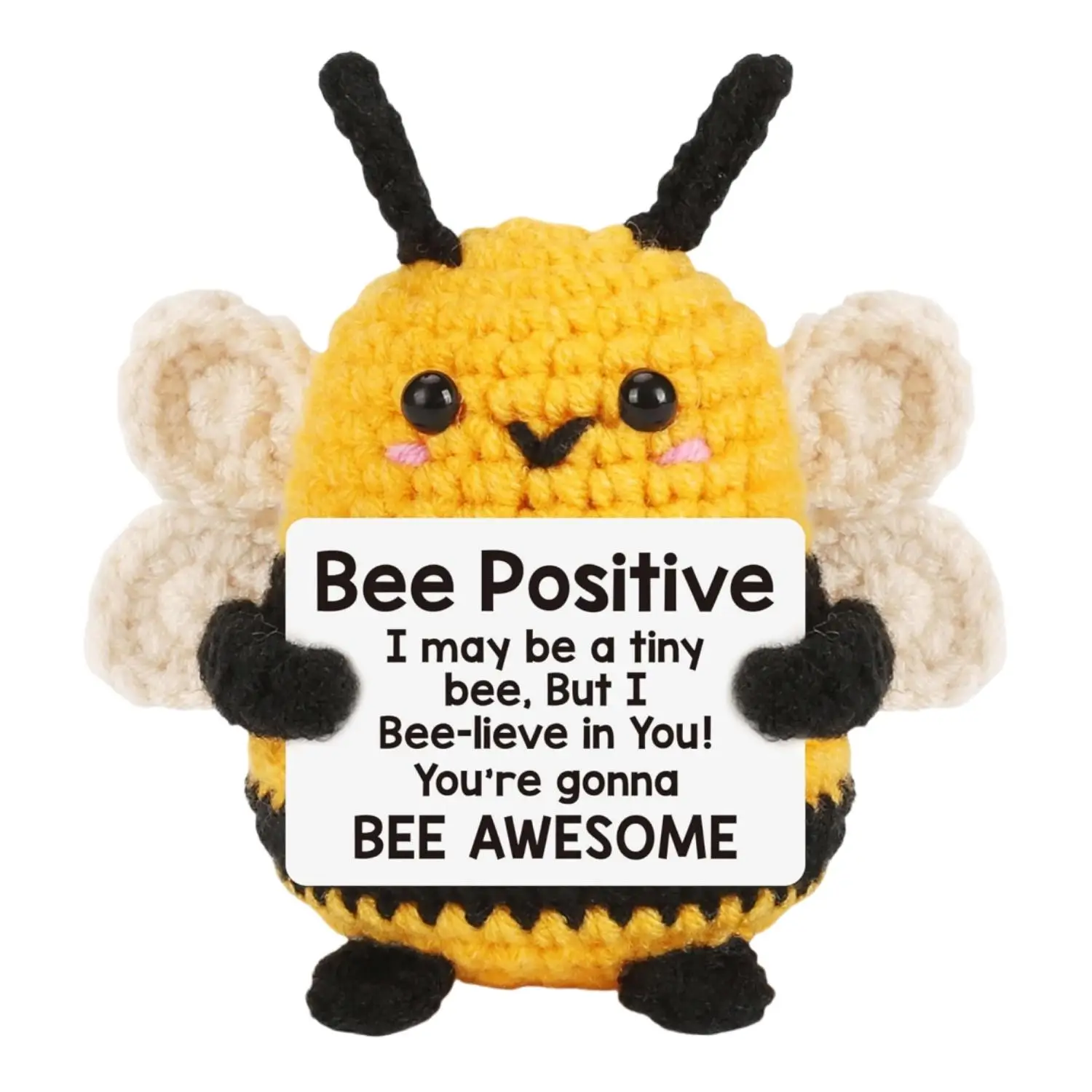 Cute Crochet Bee Positive Card, Handmade Knitted Bee with Positive Card, Inspirational Gifts for Family Friend Coworkers, Desk Decorations