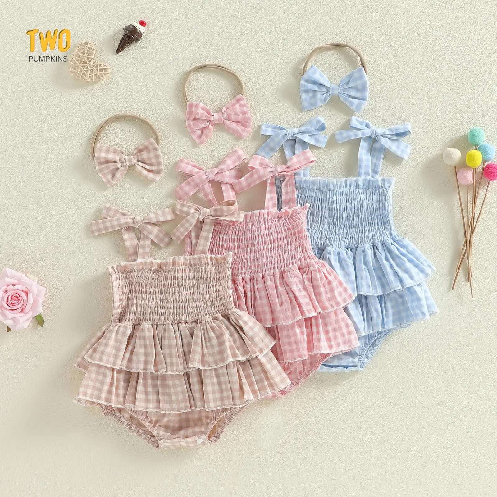 Newborn Baby Girl Summer Clothes Ruffle Smocked Romper Dress Sleeveless Jumpsuit With Bow Headband Cute Outfits