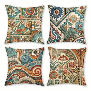 Bohemian Style Geometric Pattern Decorative Pillow Covers, 4 Piece Set Without Pillows, Hidden Zipper, Easy to Clean