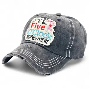 "It's Five O'clock Somewhere Distressed Embroidered Baseball Cap For Women - 100% Cotton, Breathable, Casual, Adjustable, UV Protection