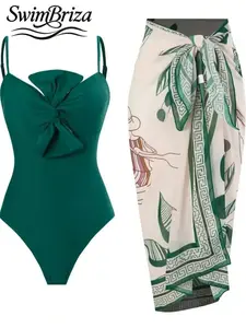 Briza｜Twist Front One Piece Swimsuit In Emerald Green With Sarong Wrap Styles Vacation Swimwear For Women As A Swimsuit For Women And Bathing Suit Women Set For Swim Sets For Women With Swimsuit Cover Up For Women And Bathing Suit Cover Ups
