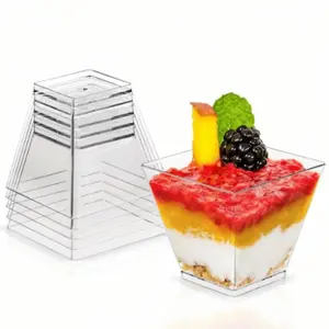 50 Food Grade Plastic Dessert Cups, Small Square Transparent Jelly Cups, Reusable Mini Appetizer Bowls, Yogurt Parfait Cups for Mousse Cake Parties Weddings, Plastic Clear Cups