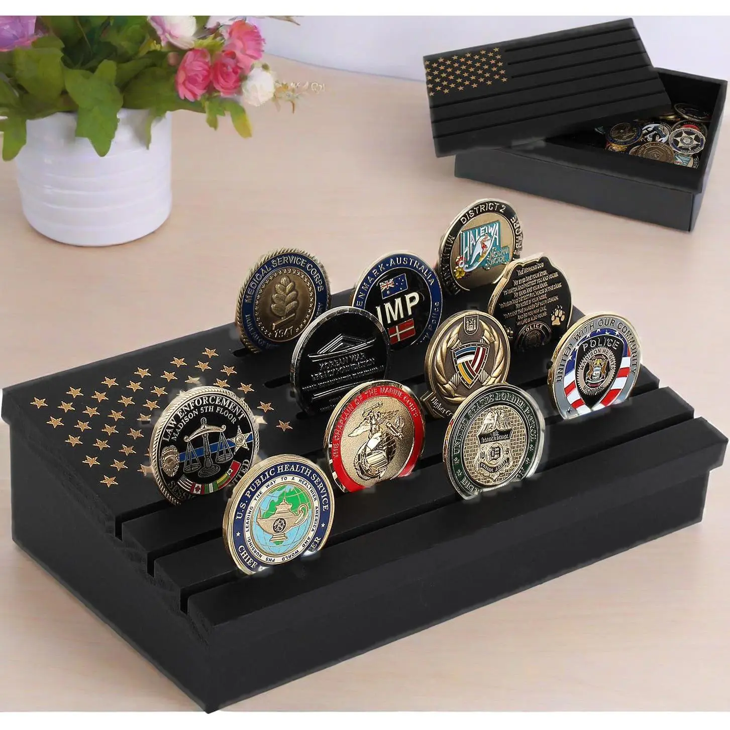 Samplife Coin Rack,Challenge Coins Display Stand Shelves Wooden Army Collectible Coins Holder Rack Case 6 Row Display American Flag