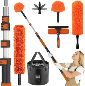 26FT High Reach Duster Cleaning Kit with Extension Pole, High Ceiling Fan Cleaner Duster Tool for Fan Blades, Window Washing Kit with Microfiber Feather Duster & Window Squeegee & Bucket