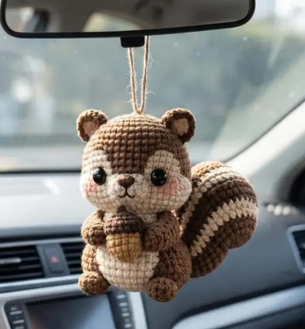 Handmade Squirrel Holding Acorn Crochet Car Hanging, Woodland Animal Decor