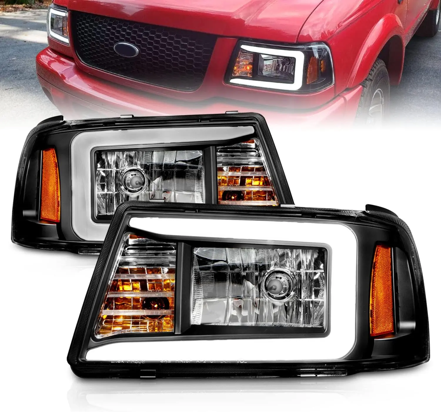 AmeriLite for 2001-2011 Ford Ranger Truck LED Tube Black Replacement Headlights Corner Lamp Set - Passenger and Driver Side