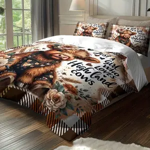 3-piece Cute Countryside Highland Cow Quilt Set, including 1 duvet cover and 2 pillowcases (unfilled), comfortable and peaceful to sleep in, bedroom decoration, perfect gift for animal lovers