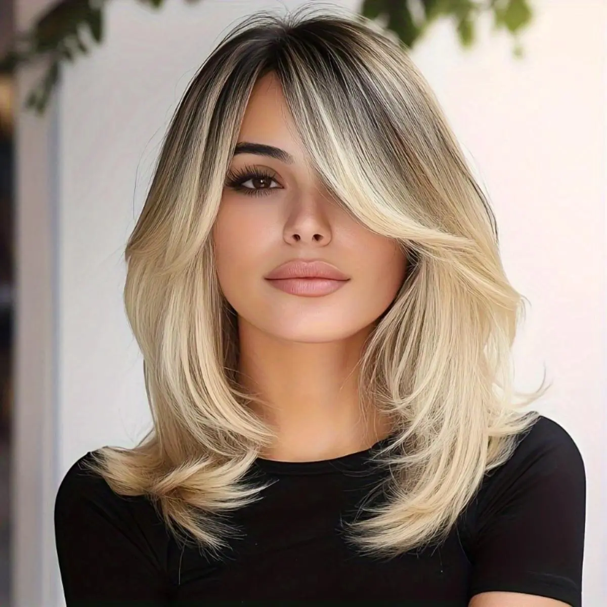 Women's Medium-Long Dark Brown Straight Synthetic Full Machine Wig - Qi Bangs, High-Temperature Silk, Glue-Free, Rose Mesh Cap, Elegant Smooth Look, Suitable for Daily Wear & Parties, Fashion Hair Accessory