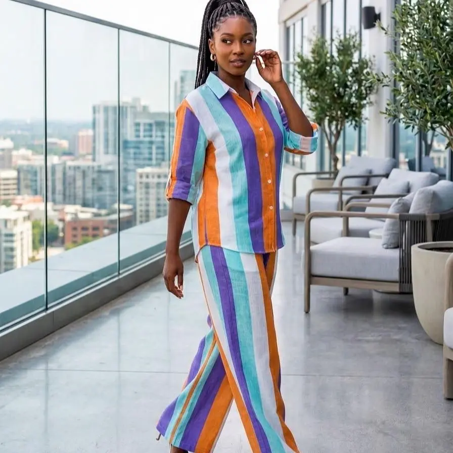 WENRY Women's 2-Piece Colorful Striped Linen Casual Set - Collared Button-tab Sleeve Shirt and Wide-Leg Pants