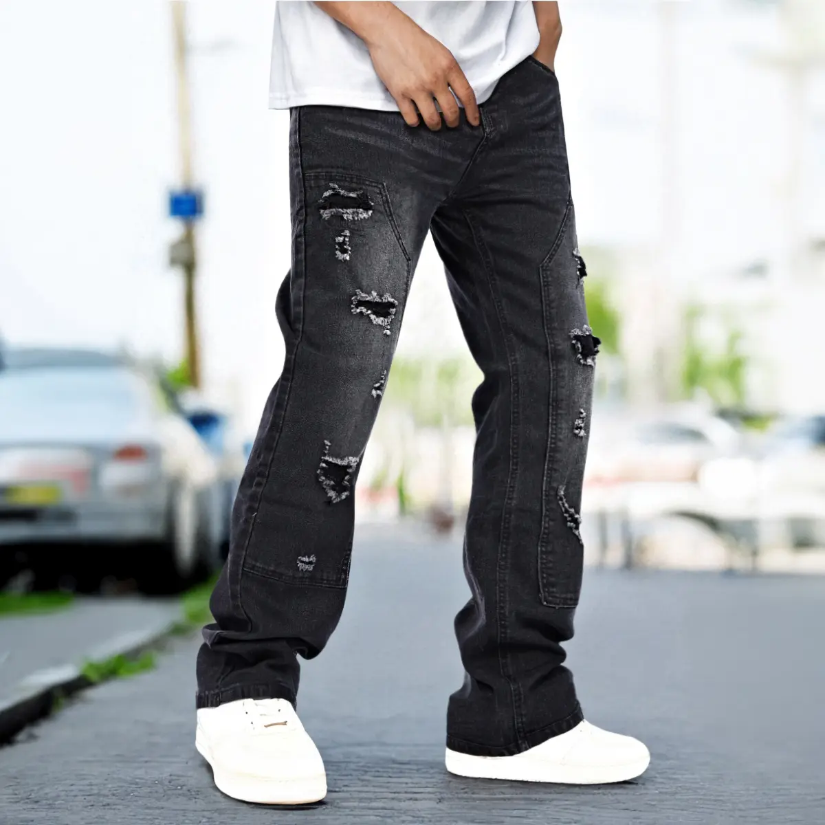 GINGTTO Men's Ripped Stacked Flared Wide Leg Stretch Denim Pants - Menswear, Casual, Stylish Plain Fabric Hip Hop Streetwear Carpenter Jeans