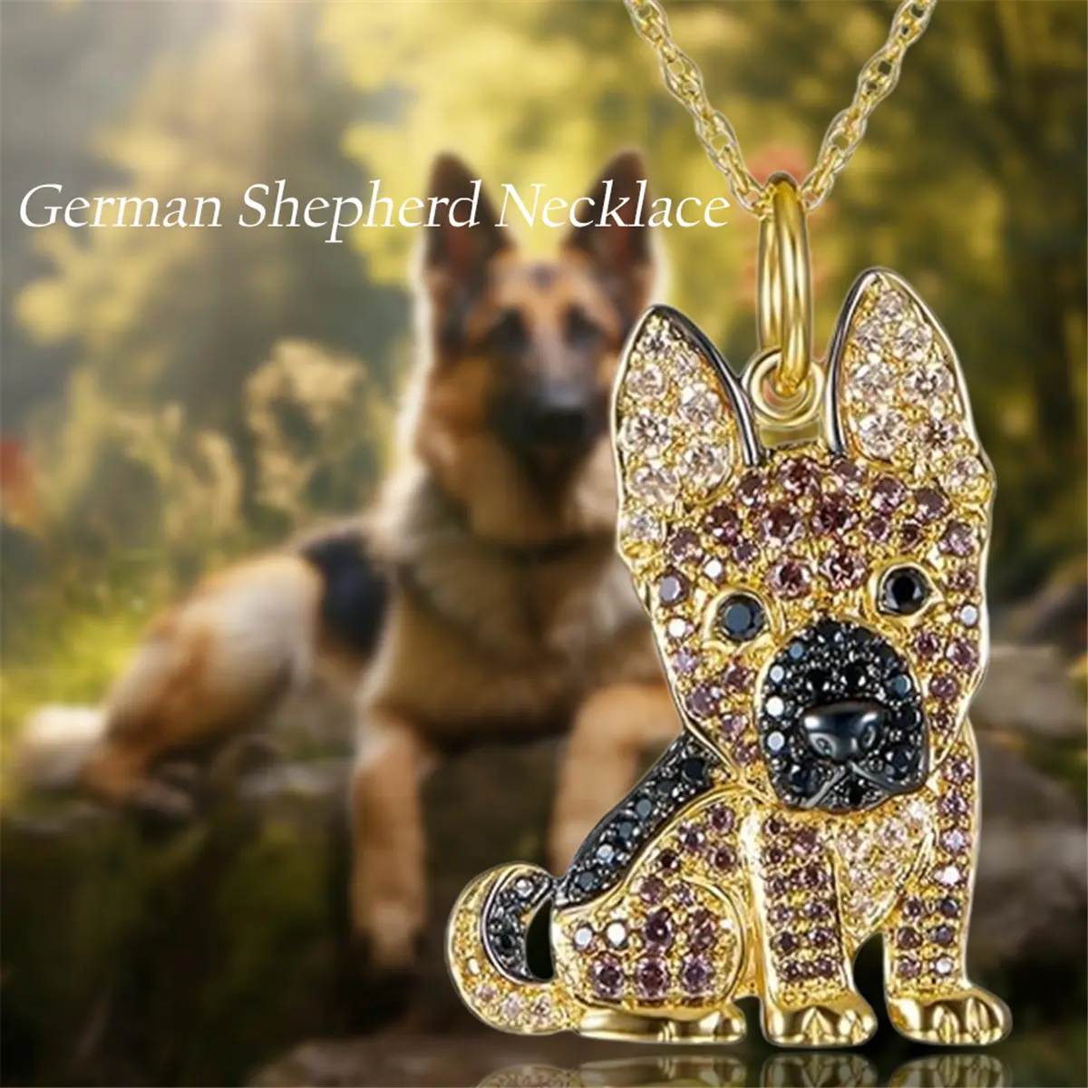Golden German Shepherd Charm Pendant Necklace - Zinc Alloy Jewelry Design with Stainless Steel Chain, Gift for Dog Lovers