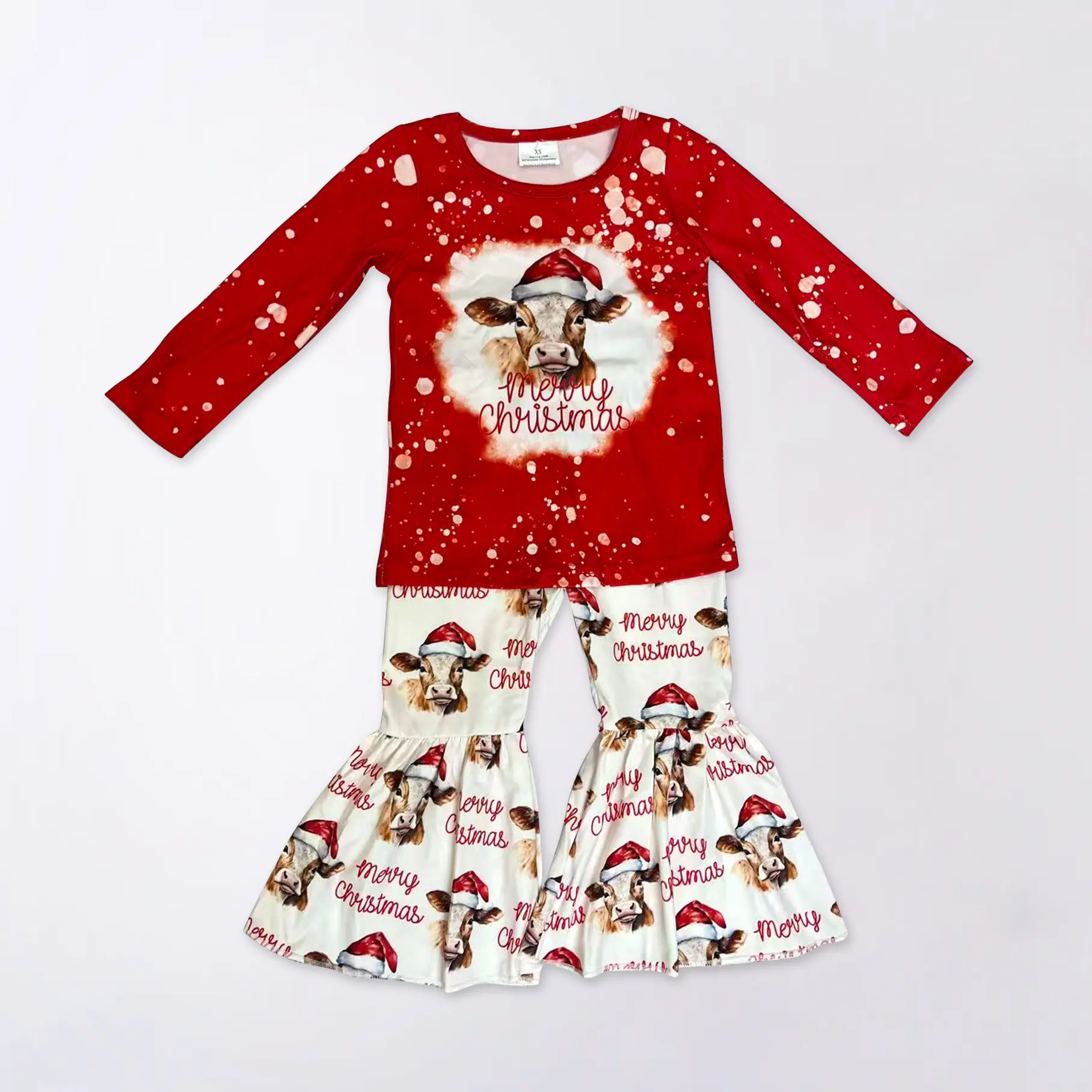 Girls' 2-Piece Christmas Clothing Set, Cute Cow Print Bell Bottom Pants with Long Sleeve Graphic Top, Cute Clothing Set, Fine Girls Outfit