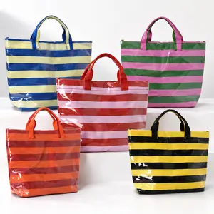 Trendy New Striped PVC Tote Bag for Women, Premium Waterproof Large Capacity Handbag, Fashionable Summer Beach Pool Shoulder Purse, Casual Versatile Everyday Satchel, Chic Social Media Viral Travel Storage Bag Gift for Her