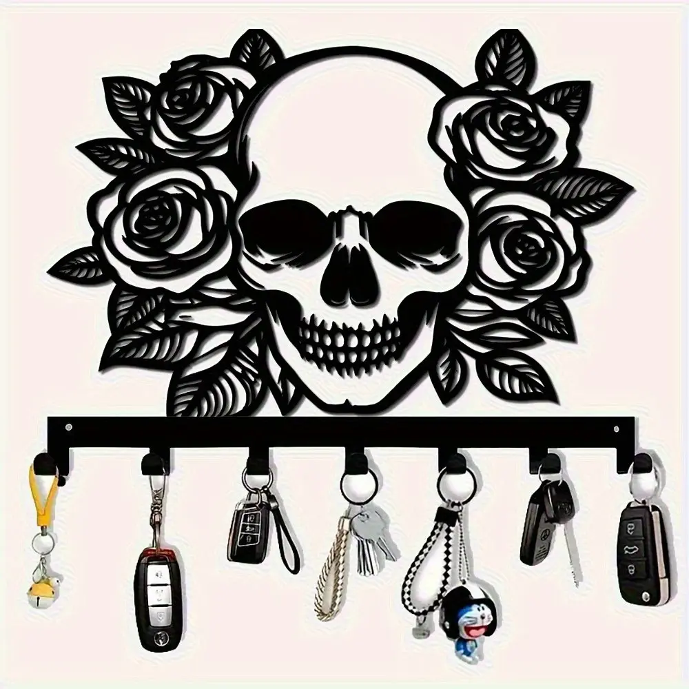7 Hook Victorian Gothic Wall-Mounted Key Rack, Key Holder, Skull and Rose Design, Gothic Aesthetic, Decor, Cast Iron, Rust-Resistant Hooks, Hallway, Kitchen, Coat Rack
