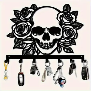 7 Hook Victorian Gothic Wall-Mounted Key Rack, Skull and Rose Design, Gothic Aesthetic, Cast Iron, Rust-Resistant Hooks, Hallway, Kitchen, Coat Rack