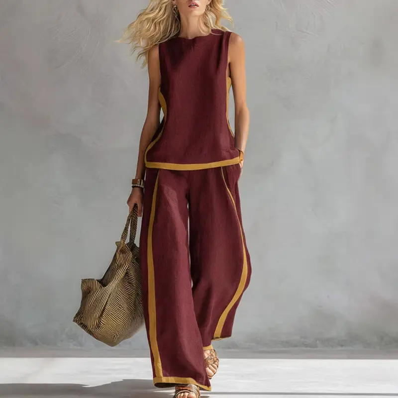 2026 Linen Blend Two Piece Set for Women Sleeveless Color Block Top Wide Leg Pants Set Casual Summer Outfit # LinenSet # WideLegPants # ColorBlock # SummerOutfit # BohoFashion # CasualWear # Outfit of the Day # WomensFashion 3