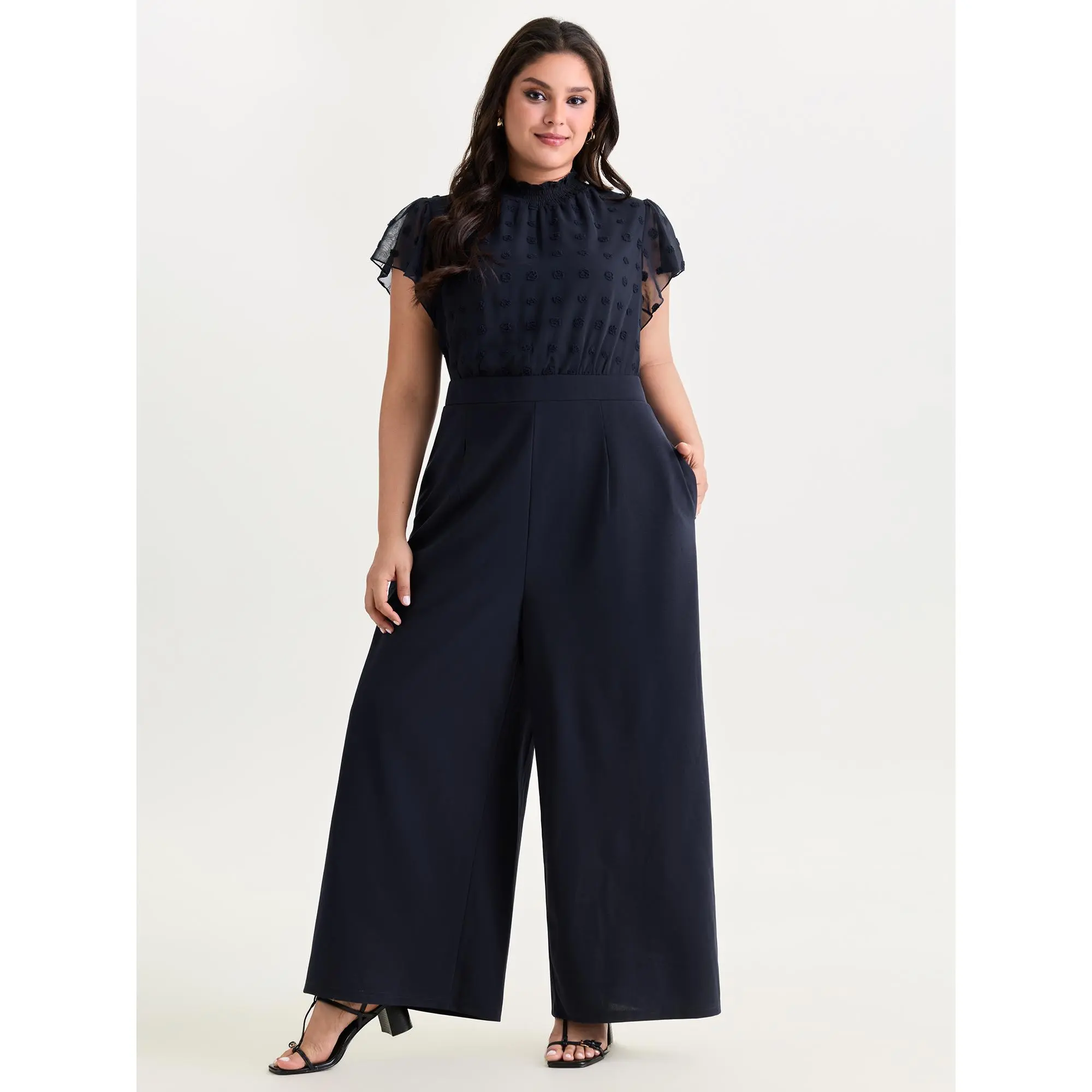 BloomChic Women's Plus Size Fitted Polyester Smooth Knit Mock Neck Ruffled Shortsleeve Overalls - Pocket, [M-6X], Cute Casual Jumpsuit, Elegant Blue, Low Iron Summer Womenswear, Cute Jumpsuit, Casual Jumpsuits