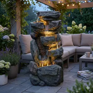 31.5" Tall Resin Rock Waterfall Fountain, Outdoor Cascading Stone Water Feature for Backyard, Patio Garden Décor, Home Improvement Pond Fountain