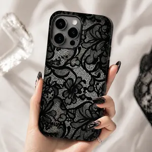 Black Lace Vintage Pattern Case, Phone Accessories, Cute Phone Case, Fashion Case, Perfect Gift for Her/Him, Phone Case for iPhone17 16 15 14 13 12 11 Pro ProMax Plus  Air series, Creative Dual Layer Case
