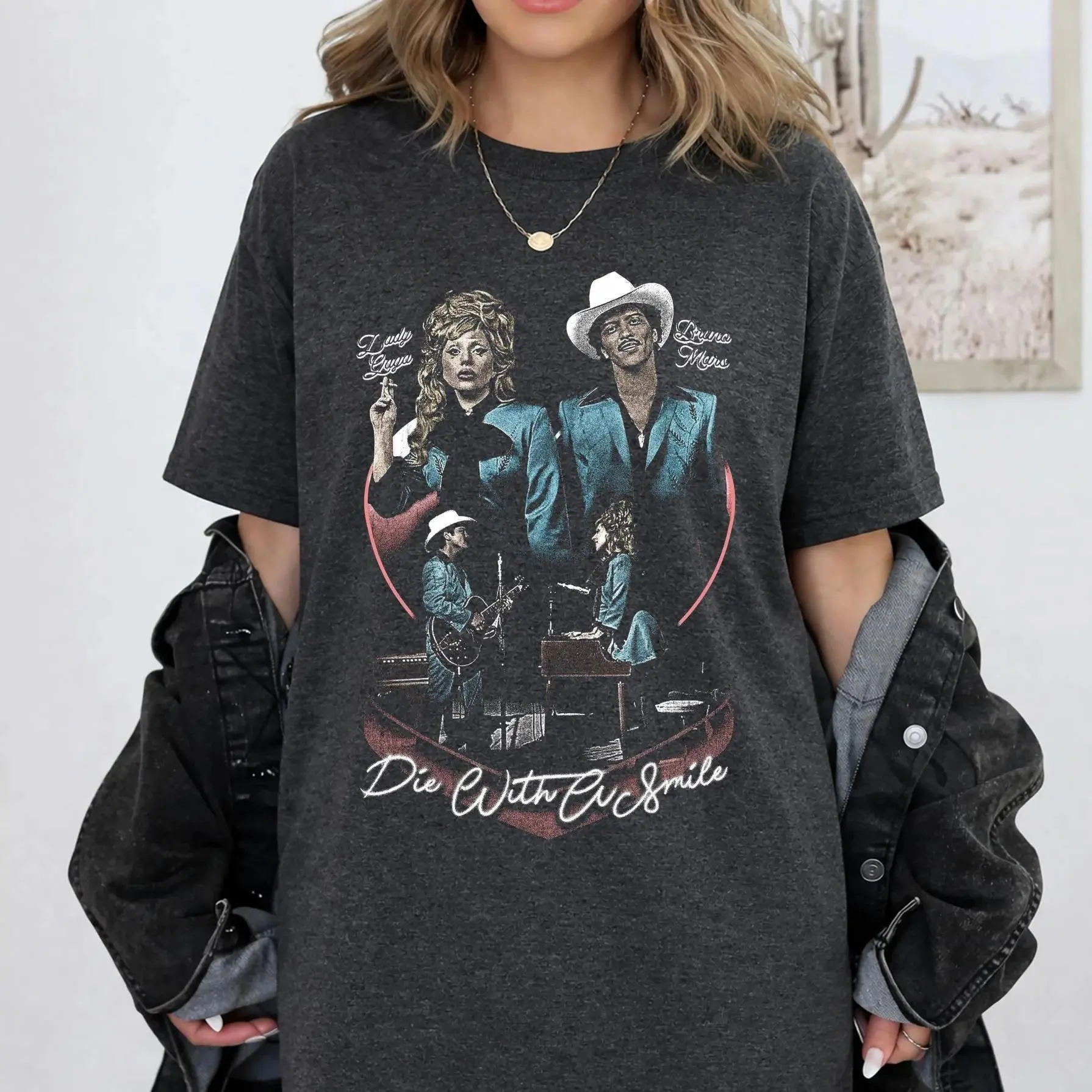 Bruno Retro Country Music Duo Graphic T-Shirt Oversized Black Short Sleeve Vintage Concert-Inspired Tee