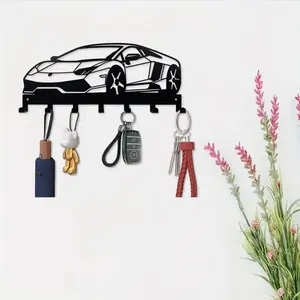 Metal Key Holder for Wall - Car Metal Key Organizer. Wall Decorative with 7 Hooks, Black. Wall Mounted for Entryway Front