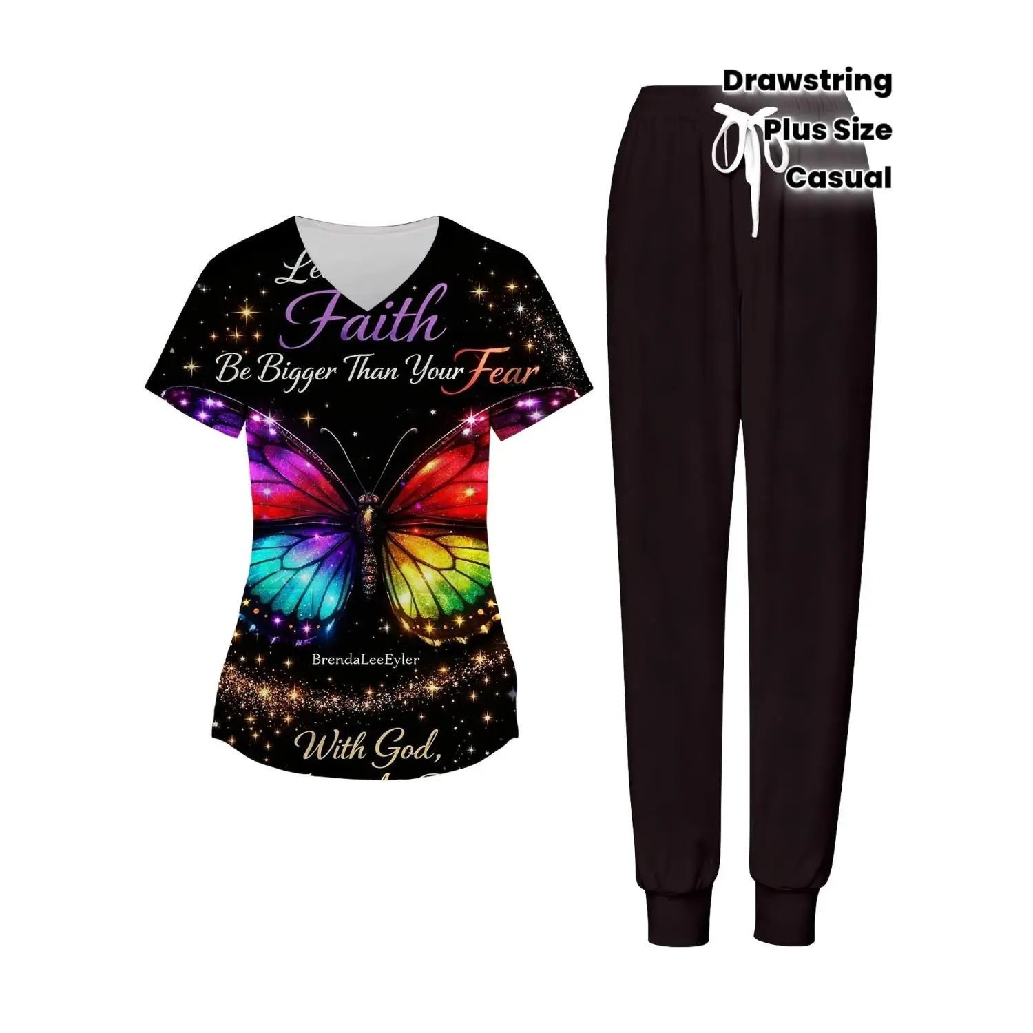 Plus Size Women's 2-Piece Scrub Set - Rainbow Butterfly Faith Print V-Neck Top and Drawstring Pants - Casual Workout Outfit for Daily Wear and Gift Giving, Ideal for Christmas, Thanksgiving, and Religious Holidays