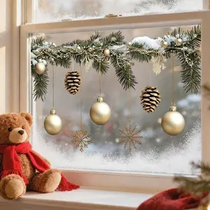 Christmas Window Decorations, Winter Pine Leaf Golden Christmas Ball Window Stickers, Reusable PVC Glass Door And Window Stickers, Suitable For Christmas Interior Decoration, Home Decoration, Bedroom Decoration, New Year Gifts