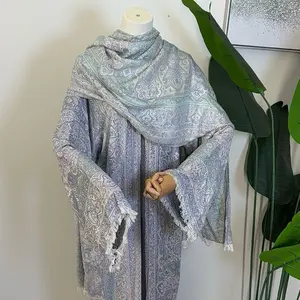 Stone Pashmina - Elegant Gray and White Patterned Scarf with Fringe Details for Women