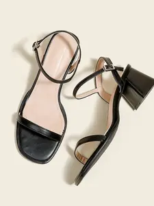 Women's Silver Color High Heel Shoes, Chunky Heel Sandals, Party Wedding Shoes, 7cm Formal Shoes, Slip-On Buckle Back Strap