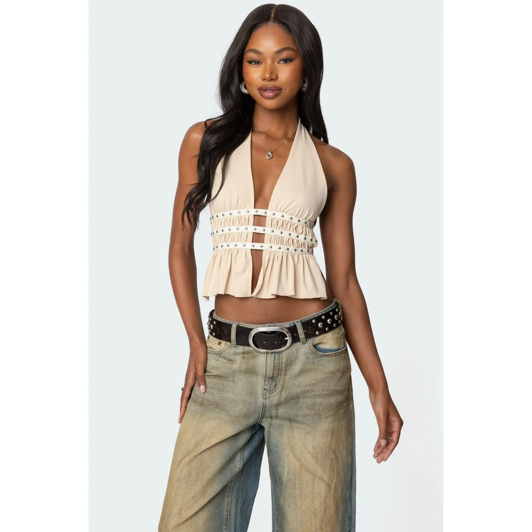 Studded Split Front Backless Halter Top