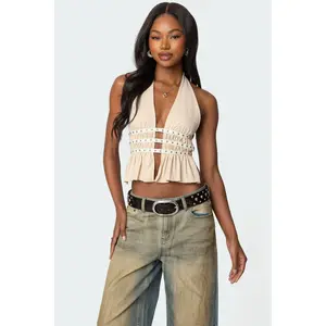 Studded Split Front Backless Halter Top Studded Split Front Backless Halter Top