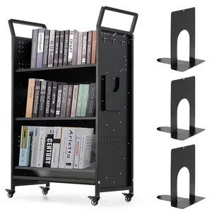YODOLLA Book Cart with Wheels, 352LBS Rolling Bookshelf Utility Cart with V-Shaped Shelves,Hooks, Stands, Unilateral Placement, Single Sided Office Library Truck for Home School, 48.4''×31.5''×14.2'' Organiser Racks Black