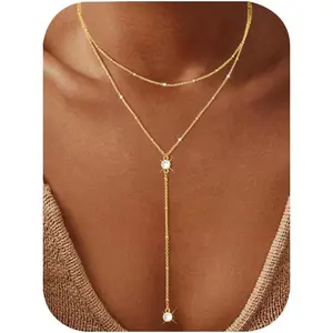 Lariat Gold Long Necklaces for Women Trendy, Dainty 14K Gold Plated Drop Chain Necklace, Layered Rosary Beaded Y Necklaces Simple Fashion Jewelry Gifts