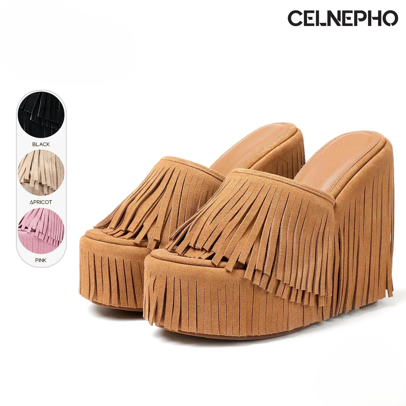 CELNEPHO Platform Sandals for Women Open Round Toe Wedge Heel Boho Cowboy Fringe Design Summer Sandals High Heels Easy Slip on Sude Fringe Party Wear Date Casual Wear Work Country Wedding Dress Shoes