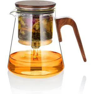 Magnetic teapot, enchanted glass teapot with infuser and magnetic suction lid for mess-free loose tea diffusers, walnut wood handle, great gift for tea lovers